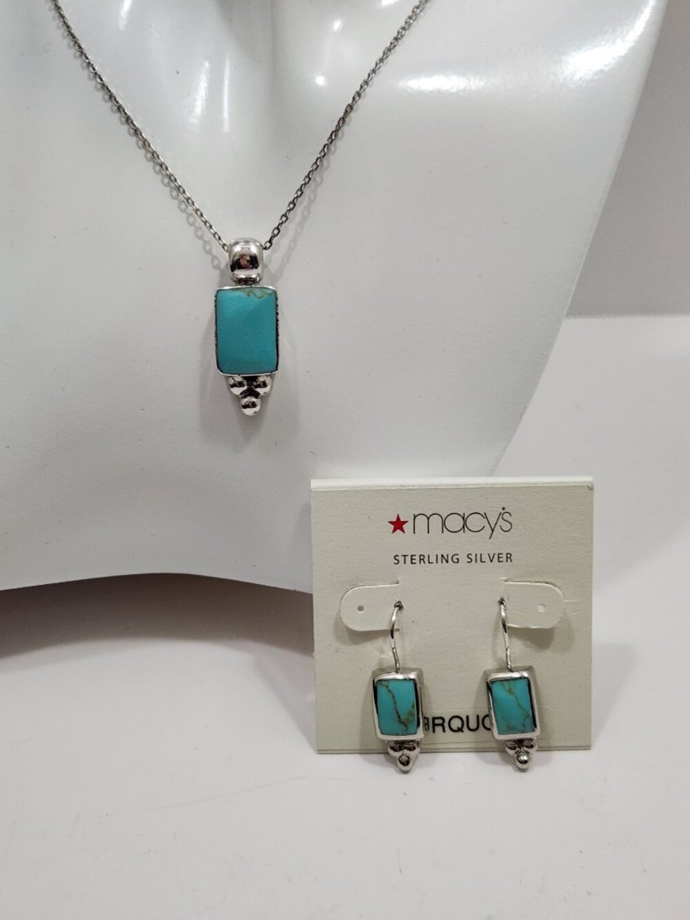 Macy's NWT Sterling Silver Turquoise Necklace & Earrings Matching Set